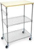 Chrome 3-Tier Rolling Kitchen Cart with Wheels 14" D x 24" W x 34" H and Wood Board Tabletop and 4 Hooks, 300 Pound Capacity, Great for Coffee Cart, Food Service Cart or Utinity and More.
