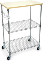 Chrome 3-Tier Rolling Kitchen Cart with Wheels 14" D x 24" W x 34" H and Wood Board Tabletop and 4 Hooks, 300 Pound Capacity, Great for Coffee Cart, Food Service Cart or Utinity and More.