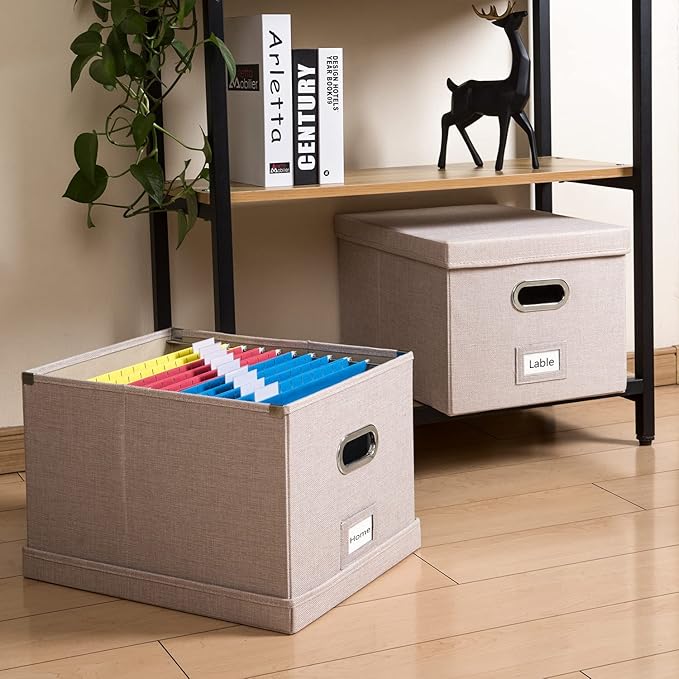 PRANDOM File Organizer Box - Set of 4 Collapsible Decorative Linen Filing Storage Hanging File Folders with Lids Office Cabinet Letter/Legal Size Light Grey (17x14x11.2 inch)
