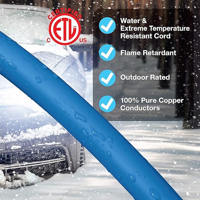 Clear Power 50 ft 14/3 SJTW -50°C Extreme Cold Weather Outdoor Extension Cord, Blue, Grounded Plug, Lighted Connector, Ideal for Snow Blowers & Power Tools, DCOC-0077-DC