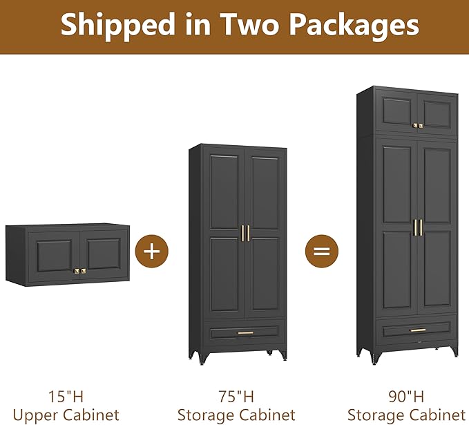 Kitchen Cabinet, 90" Tall Metal Storage Cabinet, Food Pantry cabinets with One Drawer, Black Pantry Cabinet for Dining, Living Room, 16" D x 32" W x 90" H, Assembly Required