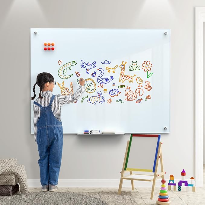 MaxGear Glass Whiteboard 48x36 Inches Wall Mounted, Magnetic White Board with 1 Eraser, 1 Accessory Tray, 4 Markers and 6 Magnets, Large Frameless Dry Erase Board for Office, School, Home