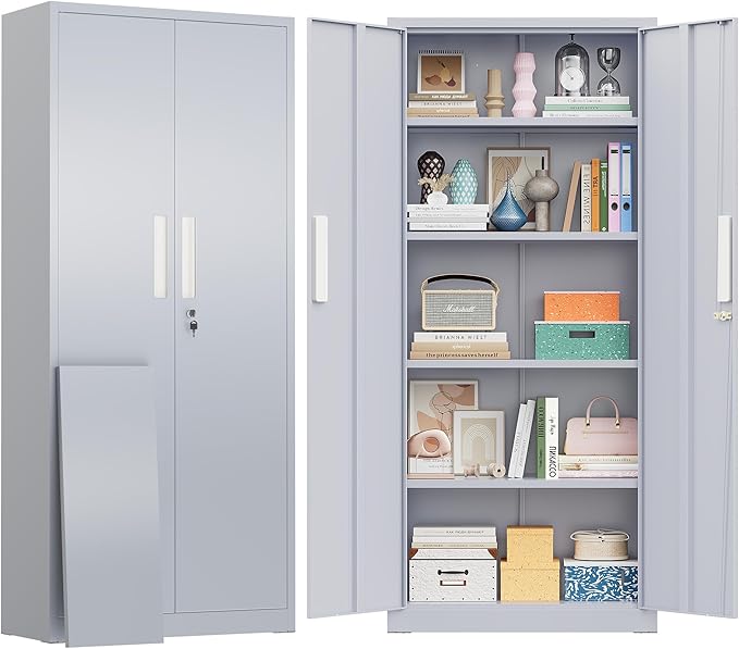 Greenvelly Metal Storage Cabinet, 63" H Locking Metal Storage Cabinet with Doors and 4 Shelves, Lockable Steel Cabinets for Kitchen, Bedroom, Living Room, Office (Dark Grey)