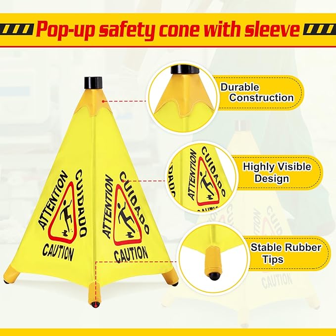 20 Pcs Pop up Wet Floor Sign with Storage Tube 20 Inch Wet Safety Signs Commercial Caution Safety Cone Pop up Caution Sign for Commercial Stores Grocery Restaurant Restroom Office Use