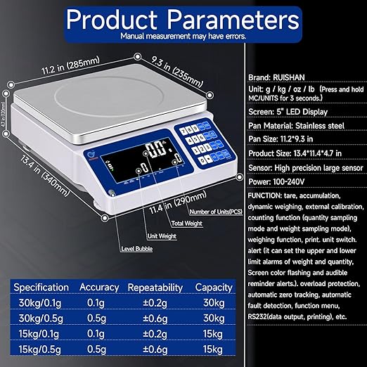Counting Scale 15kg/33lb x 0.1g Digital Bench Scale for Parts and Coins kg/g/lb/oz Electronic Gram Scale Large Range Lab Industrial Inventory Piece Counting Balance Scales