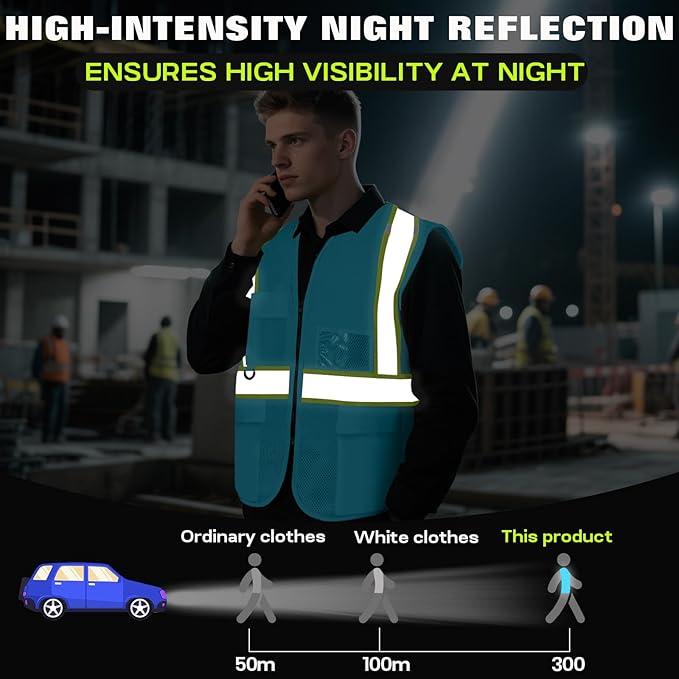 Safety Vest Customize Logo with 5 Pockets & Zipper Reflective High Visibility Vest Class 2 Outdoor Workwear