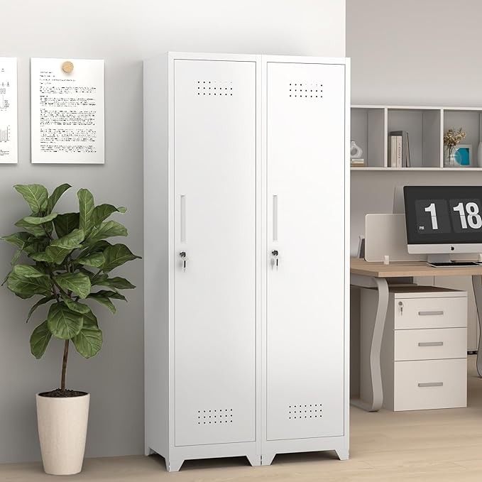 GREATMEET Broom Closet Storage Cabinet, Metal Utility Cabinet, Tall Laundry Room Cabinet, Slim Storage Cabinets for Laundry, Living Room, Office, White