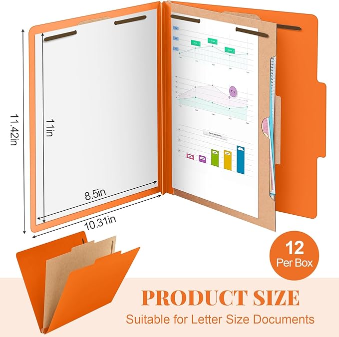 Skyygemm 12 Pack Classification Folders Letter Size Bulk with Divider and 2" Expansion, Pressboard Folder with 2 Prong Fasteners for Teachers, Clergy, Office, Church, Christmas Donations(Orange)