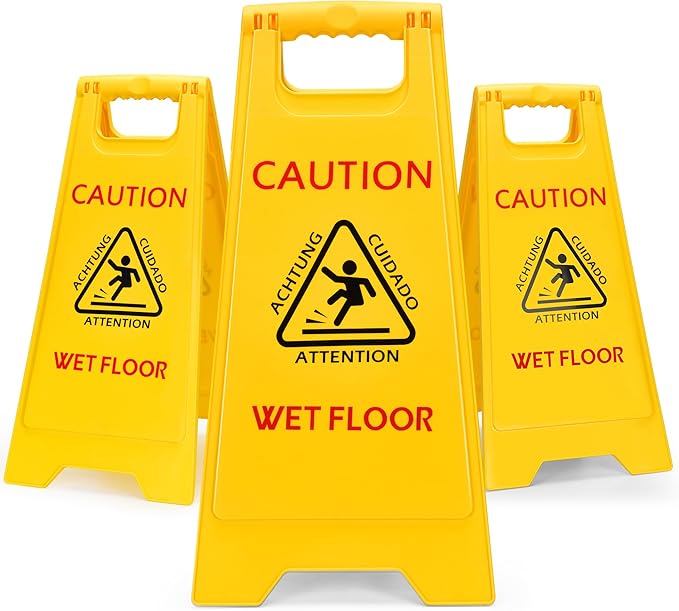 MATTHEW CLEANING 25'' Industrial Wet Floor Sign 3 Pack 2-Sided Safety A-Frame Birght Yellow Multilingual Warning Signs Commercial Caution Wet Fold-out Floor Signs For Indoors and Outdoors