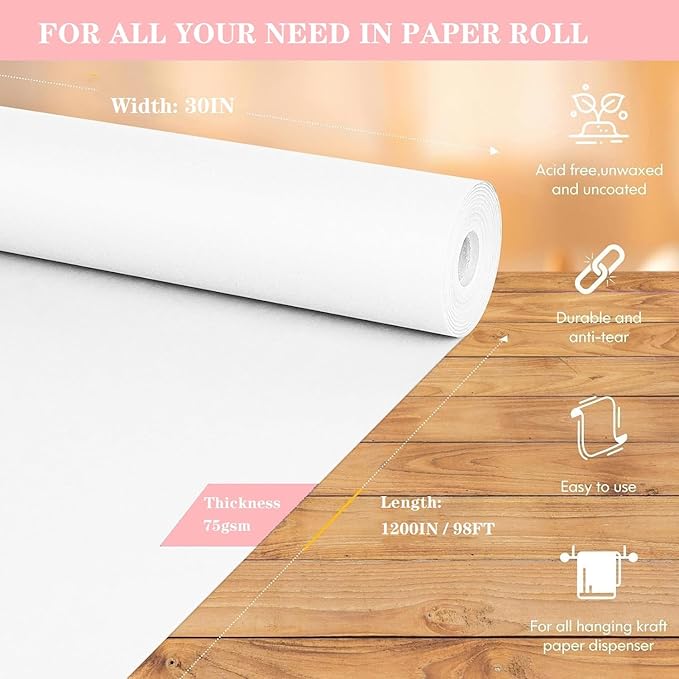 White Wrapping Paper Roll 30"x 1200" Craft Paper Roll for Drawing Painting Art Supplies, White Paper for Easel Poster Bulletin Board, Kraft Paper Roll for Packing Moving, Gift Wrapping Christmas