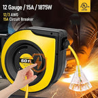 SURAIELEC 12 Gauge Extension Cord Reel, 60 FT Retractable Extension Cord, 12 AWG/3C SJTOW Heavy Duty Power Cord, 15 AMP Circuit Breaker, Lighted Triple Tap, Ceiling or Wall Mount, UL Listed