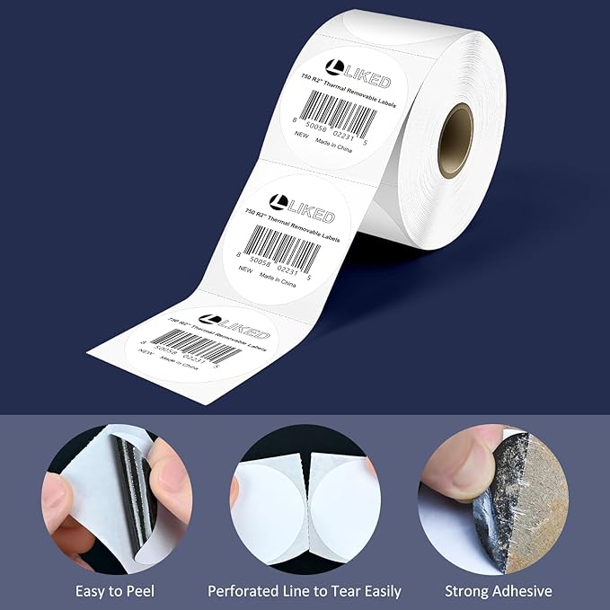 L LIKED 2" Round Direct Thermal Labels for Block, Permanent Adhesive Circle Label & Compatible with Rollo, Zebra and Other Desktop Printers (10 Roll, 7500 Labels)