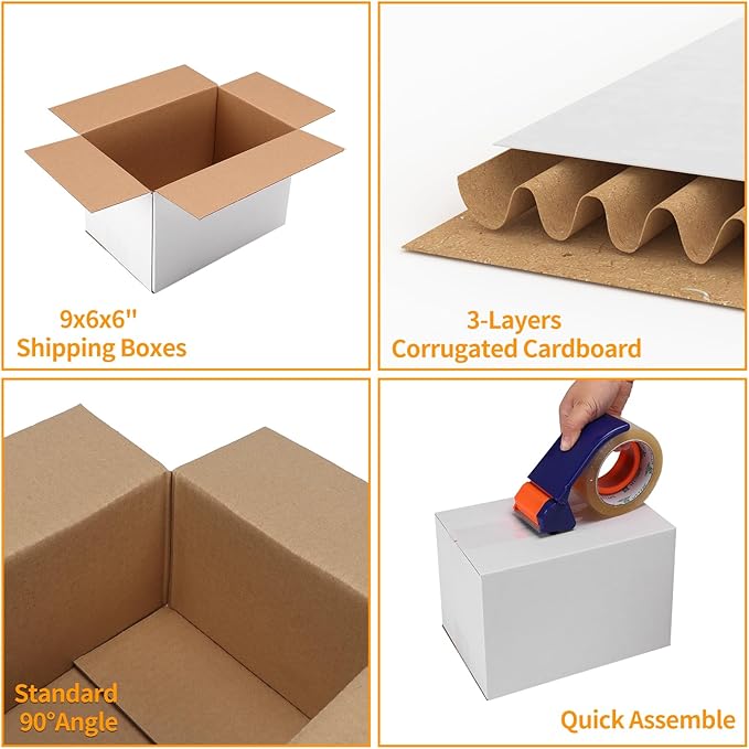 PETAFLOP 9x6x6 Shipping Boxes Set of 25, Small White Cardboard Mailer Box for Packing, Mailing, Business,DIY
