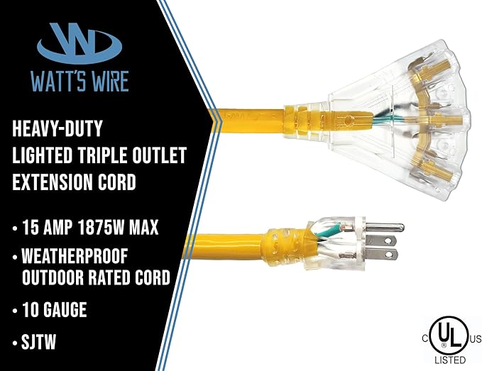 100 ft 10 Gauge Extension Cord - Outdoor Extension Cord Waterproof - Heavy Duty Outdoor Extension Cords 100 ft with Multiple Outlets - Watts Wire - 100' Grounded - extensiones electricas