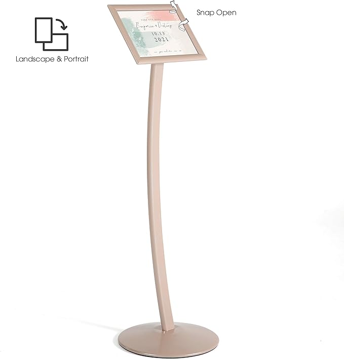 M&T Displays Curved Menu Board, 8.5x11 Pedestal Sign Holder Pale Rose Floor Standing Aluminum Front Loading Easy Open Poster Message Advertisement Holder For Restaurant Cafe Hotel