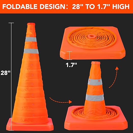 [6 Pack]28 Inch Collapsible Traffic Safety Cones - Parking Cones with Reflective Collars, Orange Safety Cones for Parking lot, Driveway, Driving Training etc.
