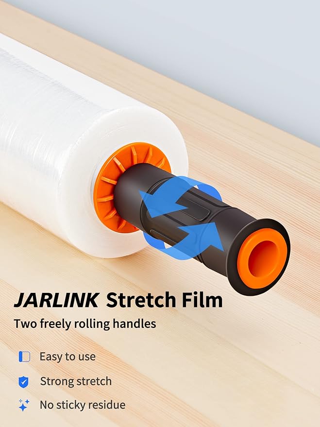 JARLINK 2 Pack Stretch Film, 15" x 1000ft Shrink Wrap for Pallet Wrap, Industrial Strength Stretch up to 650% Stretch with Handles, Self Adhering Packaging Heavy Duty Film for Moving, 68 Gauge, Clear