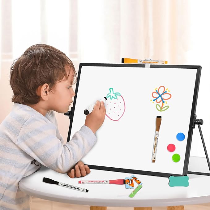 Dry Erase Magnetic White Board, 16" x 12" Black Framed Double-Sided Desktop Whiteboard with Stand, Portable Small Whiteboard Set for Drawing, Office, Home, School
