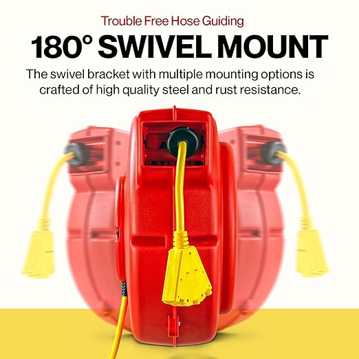 ReelWorks Extension Cord Reel Retractable 12AWG x 65' Foot 3C/SJT Heavy Duty Commercial Cable Triple Tap Connector Power 15A 125VAC 1875W