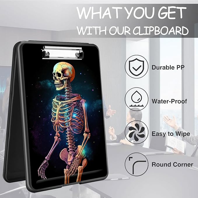 Clipboard with Storage, High Capacity Plastic Storage Clipboard with Pen Holder for Women Teachers Work, School & Office Supplies, Cute Pattern Decorative Clipboards, Colorful Skeleton