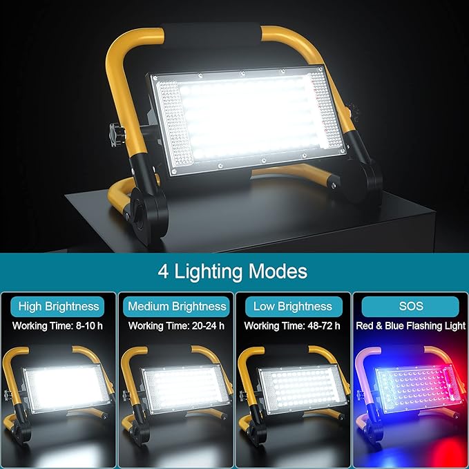 ERAY LED Construction Spotlight, Work Light 8000LM 13500mAh LED Work Light 2 Charging Methods / 4 Modes/Power Bank/Remote Control/Timer / 70 LED, Solar Construction Light for Camping