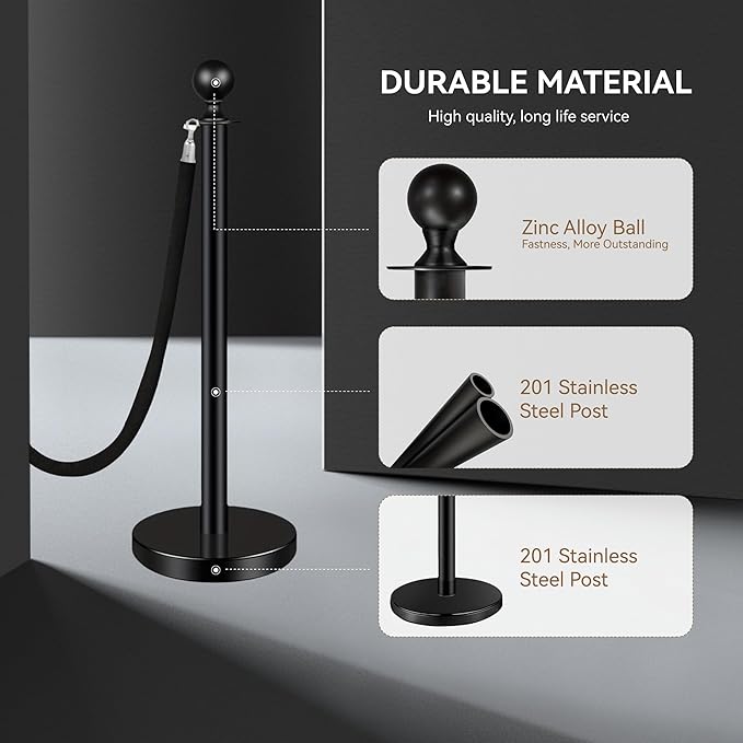4PCS Black Stainless Steel Stanchions with 3PCS 5FT Velvet Black Ropes - Crowd Control Barriers with Ball Top and Hollow Base for Event,Party,Wedding