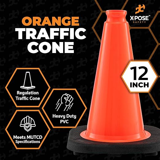 Xpose Safety 12 Inch Orange Traffic Cones, 12-Pack - Multipurpose PVC Plastic Safety Cone for Parking, Soccer, Caution, Kids and Construction - DOT Approved