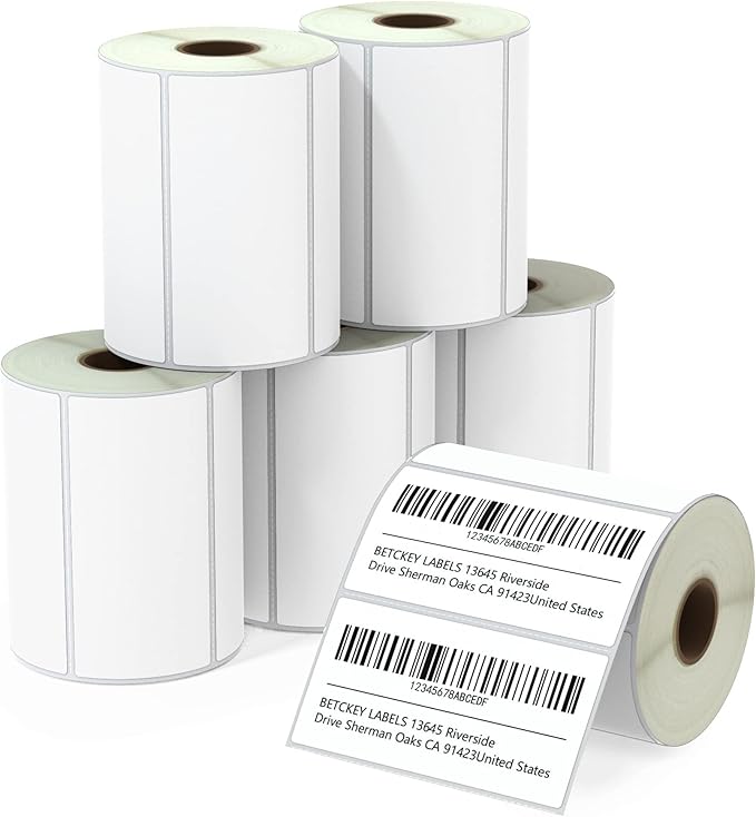 BETCKEY - 4" x 2" (102 mm x 51 mm) Barcode Shipping & Multipurpose Labels Compatible with Zebra & Rollo Label Printer,Premium Adhesive & Perforated [6 Rolls, 4500 Labels]