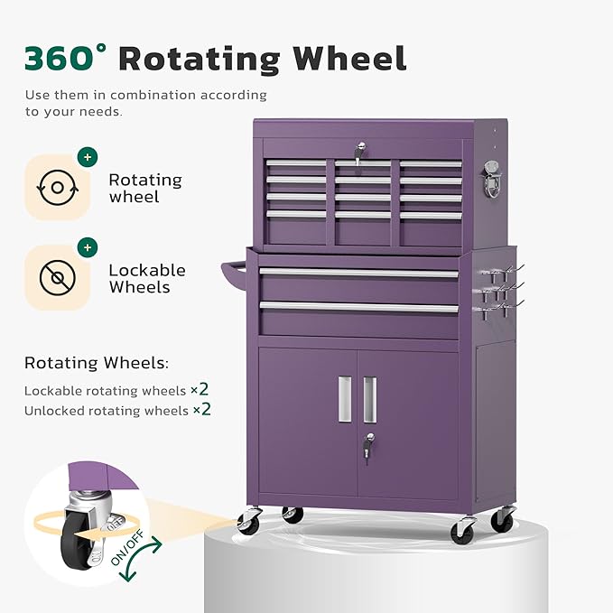 Greenvelly 8-Drawer Rolling Tool Chest, Metal Tool Chest with Wheels, Tool Cabinet with Detachable Top Tool Box, Metal Tool Cart with Liner & Hooks for Garage, Workshop, Warehouse (Purple)
