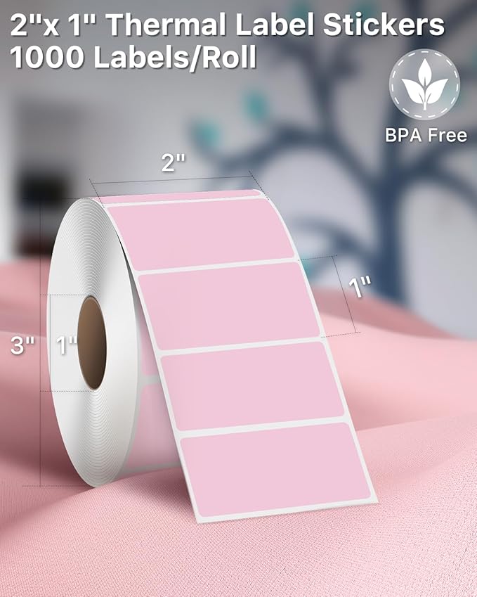 iEager 2x1 Inch Thermal Labels, Pink Rectangle Thermal Printer Stickers, Durable Shipping Label Printer Sticker for Barcode, Name, Address, 1000 Labels/Roll