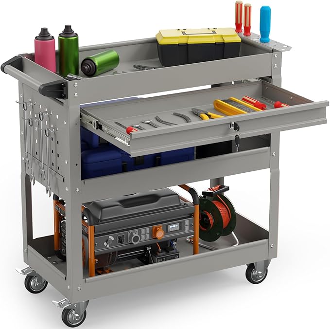 3 Tier Rolling Tool Cart on Wheels, 450 LBS Capacity Tool Cart with Drawers, Heavy Duty Rolling Utility Cart on Wheels, Rolling Tool Work Carts for Garage, Warehouse and Repair Shop,Grey
