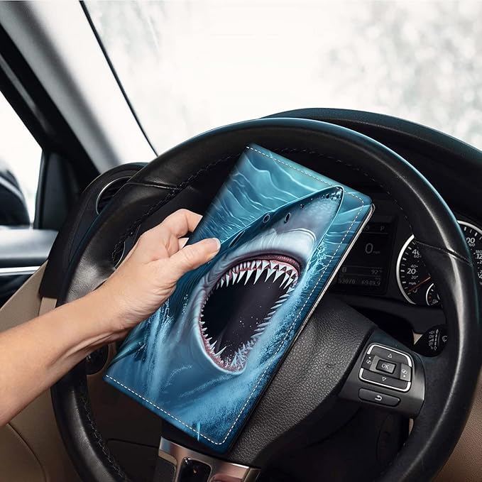 Car Registration and Insurance Holder, Leather Car Glove Box Organizer, Cool Car Accessories for ID, Driver's License Cards & Essential Document, business cards, Men&Women,Cute Blue Sharks
