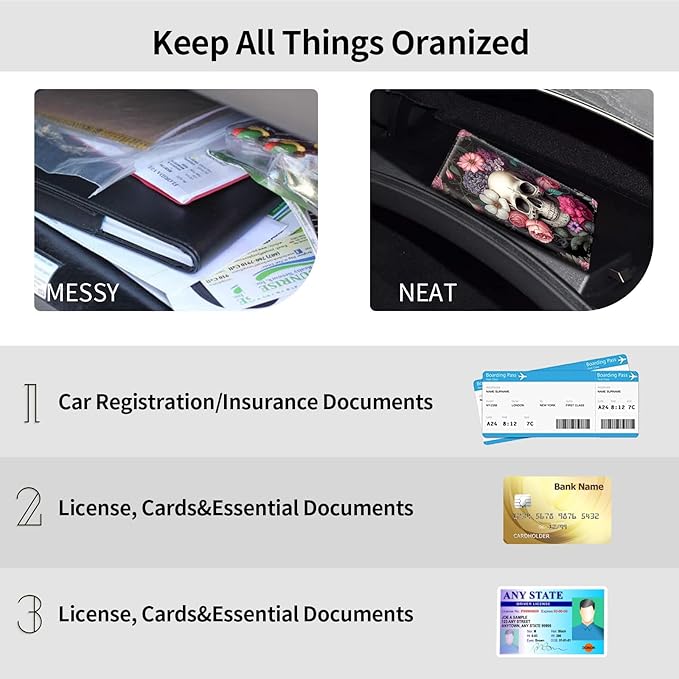 Car Registration & Insurance Holder, Leather Glove Box Organizer, Cool Accessories for ID, Driver's License Cards & Essential Documents, Men & Women's Business Cards, Rose Skull Flower