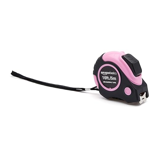 Amazon Basics Retractable Tape Measure with Push Button, Easy to Use, 16 Feet, Pink