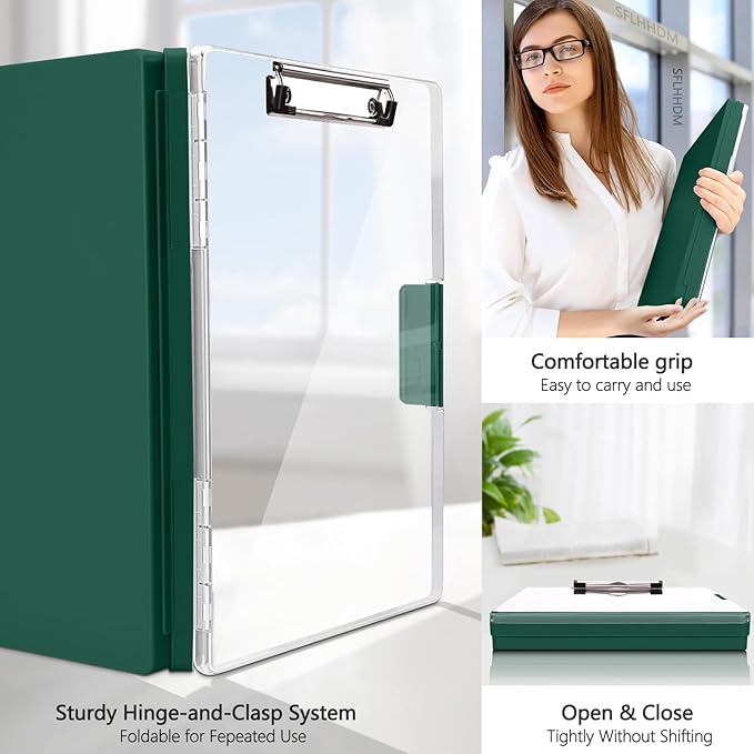 Clipboard with Storage,Heavy Duty Clip Boards 8.5x11 with 2 Storage Case,Clear Visible Top Panel Storage Clipboards,Side Opening Clip Boards,Nursing Clipboard Folder Case for Office Supplies-Emerald