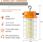 150W LED Temporary Work Light 5000K Daylight 22500 Lumens Super Bright with Fan Radiator Stainless Steel Guard Construction Lights Sturdy Hook Suitable for workshops, Construction Sites, etc.