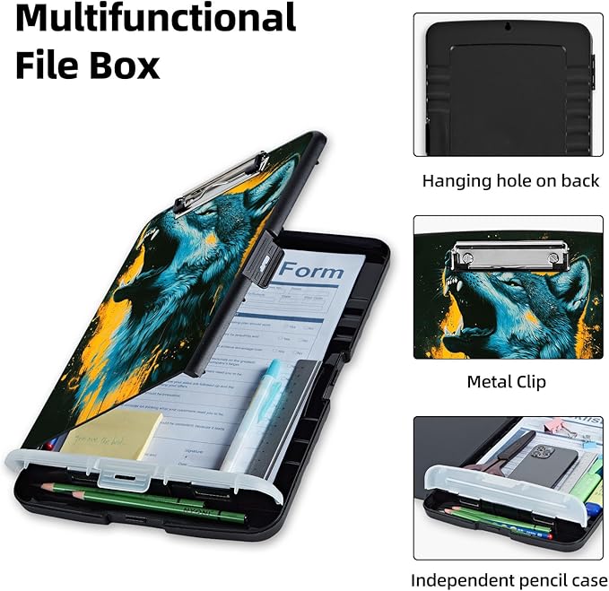 Clipboard with Storage Box & Pen Holder,Heavy Duty Clip Boards 8.5x11 for Nursing,High Capacity,School & Office Supplies,Wolf Howl Blue Orange