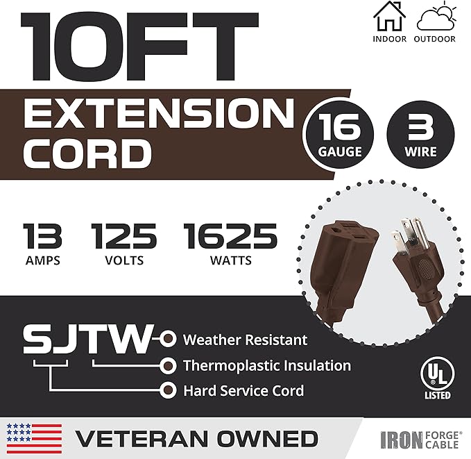 Iron Forge Cable Outdoor Brown Extension Cord 10 ft - 16 Gauge 13 Amp Heavy Duty Brown Outdoor Extension Cords 3 Prong - 16/3 SJTW - Great for Outdoor