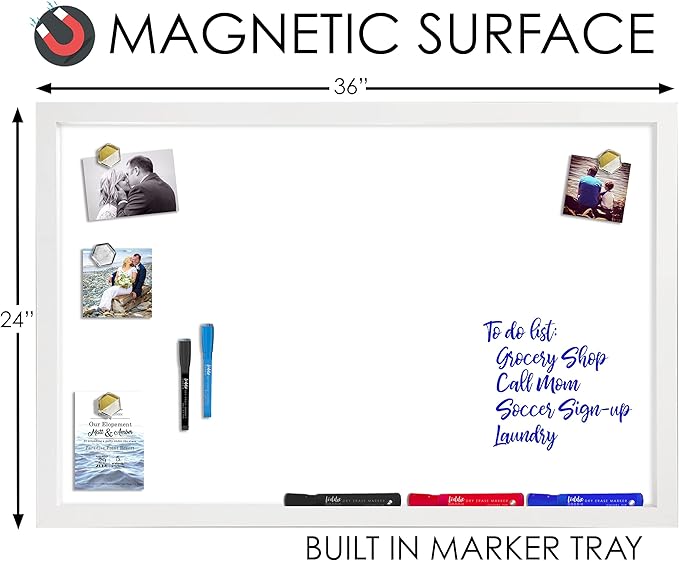 Loddie Doddie Magnetic Dry Erase White Board for Wall - 24" x 36" White Frame - Built-in Marker Tray & Stain-Resistant Surface