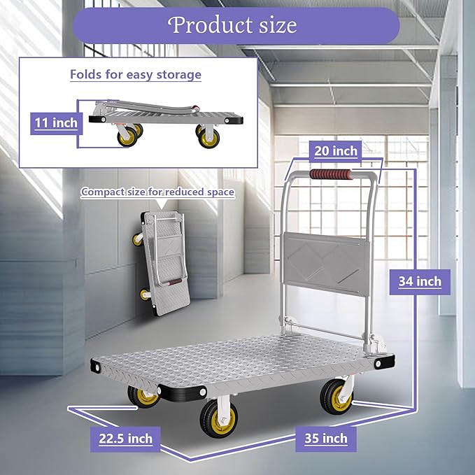 Heavy Duty Platform Truck Cart Foldable Flat Cart Push Cart Dolly Large Platform Cart w/ 5'' Swivel Wheels 2000LBS Capacity Moving Hand Dolly for Groceries, Garage, Warehouse (35'' L x 22.5'' W)