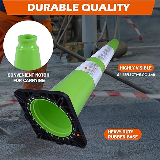 8 Pack 28 Inch Green PVC Traffic Cones Black Base Stable Flexible, Road Safety Construction Zone Crowd Control Safety Cones Outdoor Use (8, Green, 28 Inch)