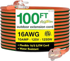 Go Green Power Inc. 16/3 100ft Outdoor Extension Cord - Heavy Duty, Lighted End, Contractor Grade SJTW Cable - Moisture & Abrasion Resistant - GG-13700