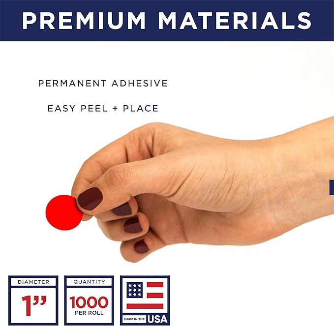 Red 1-Inch Circle Dot Stickers – 1,000 Round Strong Adhesive Labels per Roll, Colored Stickers for Garage Sale Price Tags, Classroom, Inventory, Office & Yard Sale Supplies, Made in USA