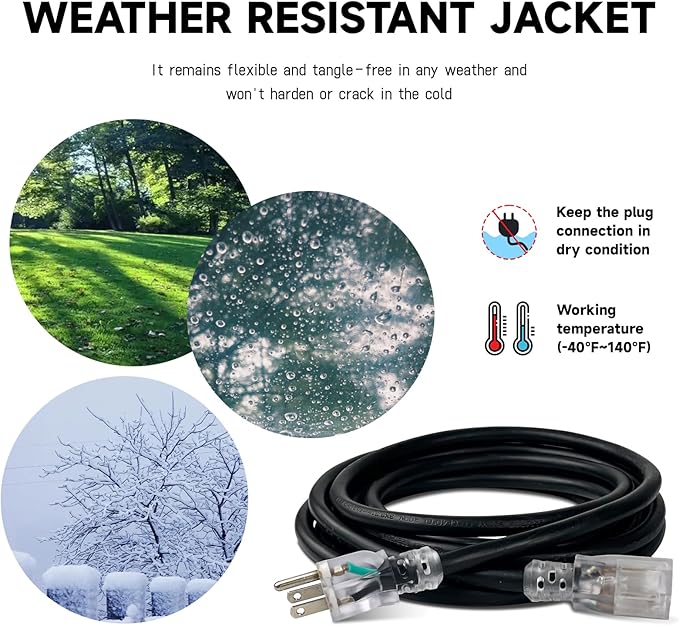 EP 10 Ft Lighted Outdoor Extension Cord - 10/3 SJTW Heavy Duty Black Extension Cable with 3 Prong Grounded Plug for Safety, UL Listed
