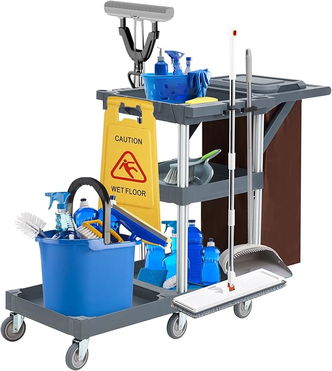 Heavy Duty Janitorial Cleaning Cart on Wheels – 3 Shelves, 220 Lbs Capacity, Cover & Large Vinyl Bag – Utility Housekeeping Caddy for Hotels, Schools, Apartments and More