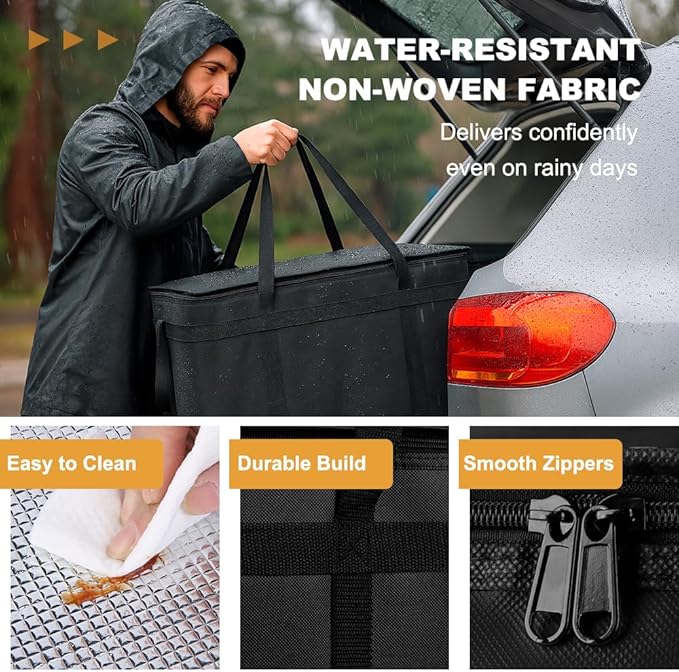 mosago Insulated Food Delivery Bag - Reusable Thermal Cooler Grocery Bags for Catering & Delivery, Retail Shopping Basket Bag, Large Capacity Bag Keeps Food Hot/Cold for Shopping, Commercial (Black)