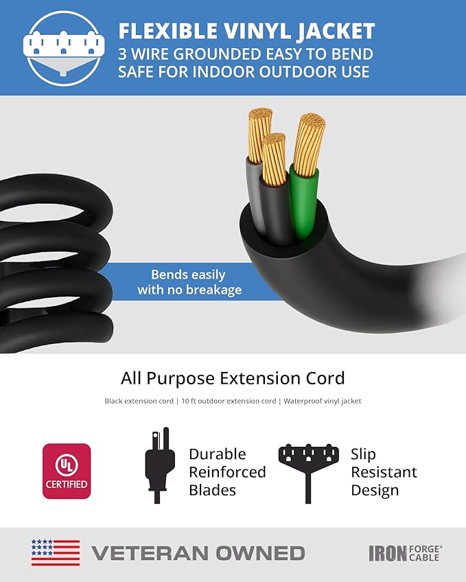 Iron Forge Cable 2 Pack 10 Ft Black Extension Cord with 3 Outlets - 16/3 SJTW 10 Foot Extension Cord 3 Prong, Weatherproof Power Cable for Outdoor