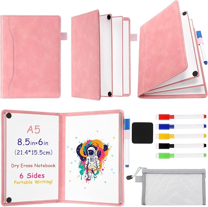 Feifeiya 6 Sides Whiteboard Notebook Portable Whiteboard Dry Erase Notebook Portable Dry Erase Board Double Sided Folding Whiteboards White Board for Office Study Meeting(Pink,A5: 6"×9”)