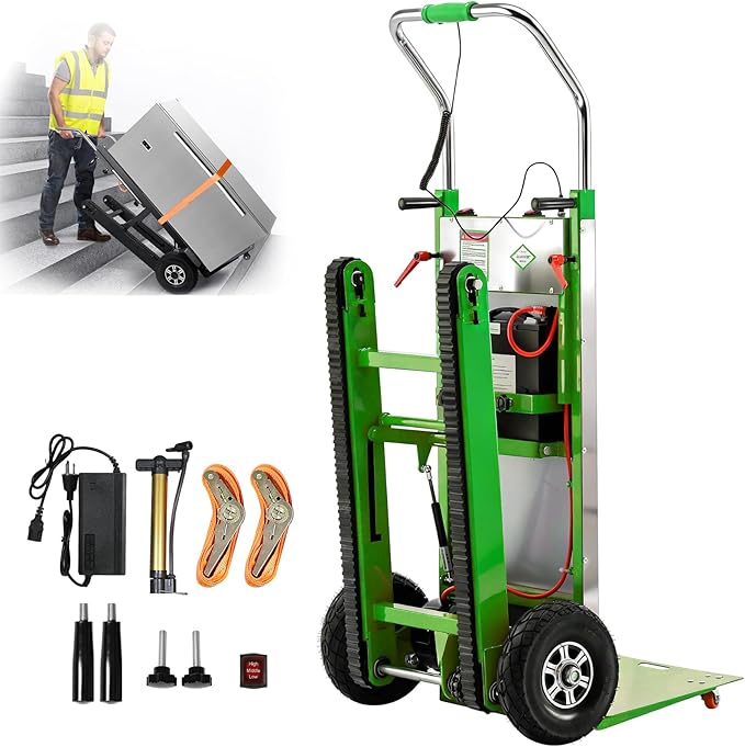 Electric Stair Climbing Dolly, 1250W Electric Stair Climbing Hand Truck, 900lbs Max Load Capacity, 3 Mode Folding Stair Climber Hand Trucks with Telescopic Handle for Moving (Green+Black/Big Wheels)