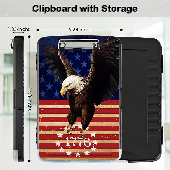 Clipboard with Storage,Office Supplies Nursing Clipboards Folder with Pen Holder Plastic Storage ClipBoard Foldable for Teacher Nurse,Flag Eagle